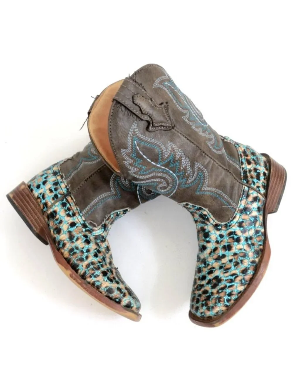 Roper Girls' 11 Glitter Teal Leopard Western Boots - Square Toe Cowgirl